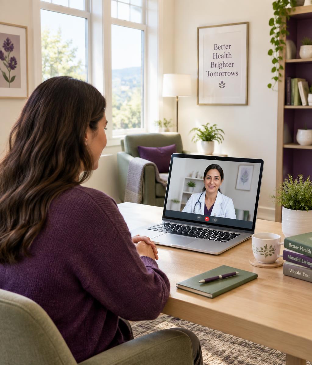 A patient meeting a medical provider by video in a bright telehealth consultation room